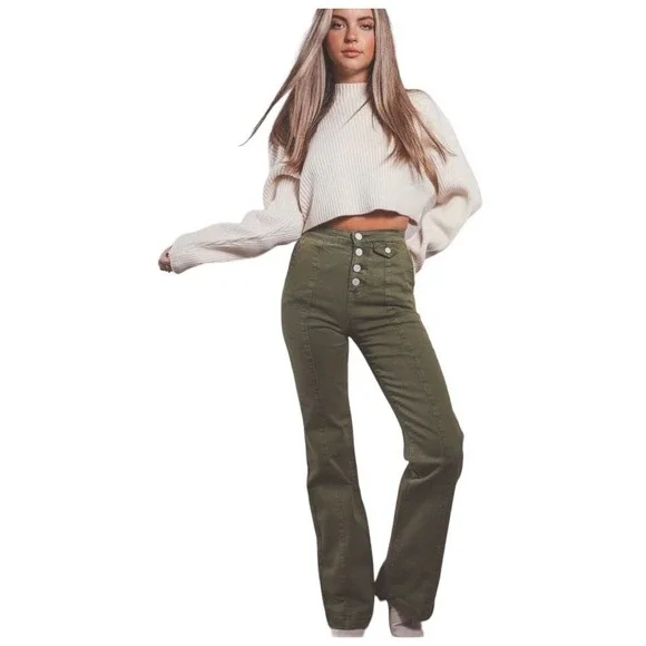 BLANK NYC The Delancey Denim Wide Leg Pants Going Green Size 31 70s Bohemian - Picture 3 of 9